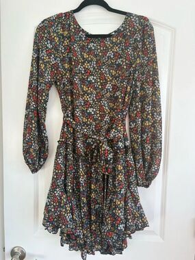 LAWLESS Black Floral Long-Sleeve Tie-Waist Mini Dress